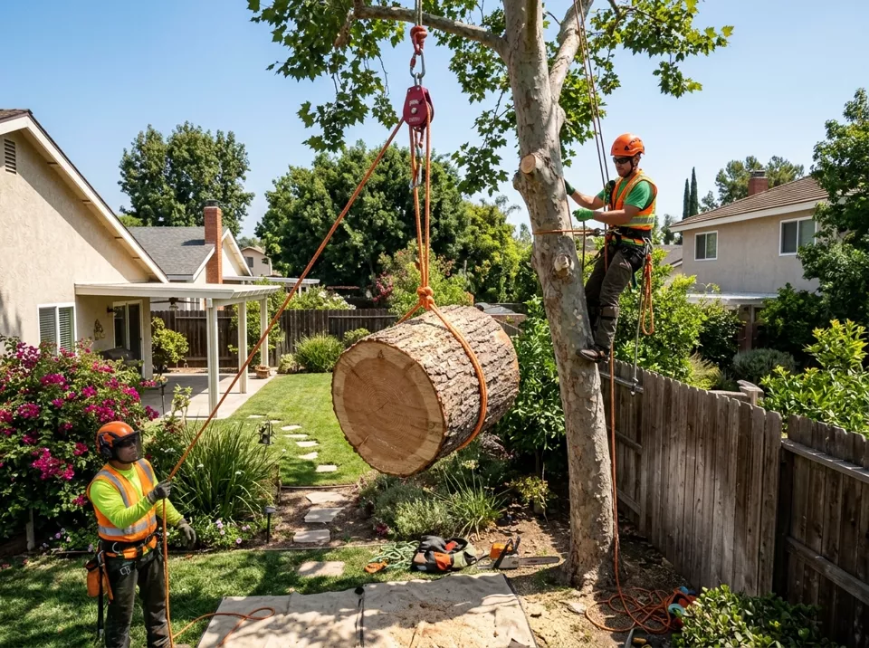 Arborist crew safely lowering a cut tree trunk section with rigging ropes beside a backyard fence