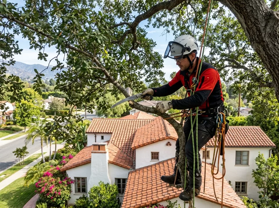 Climber in safety helmet pruning overhanging oak branches above a Spanish tile residential roof